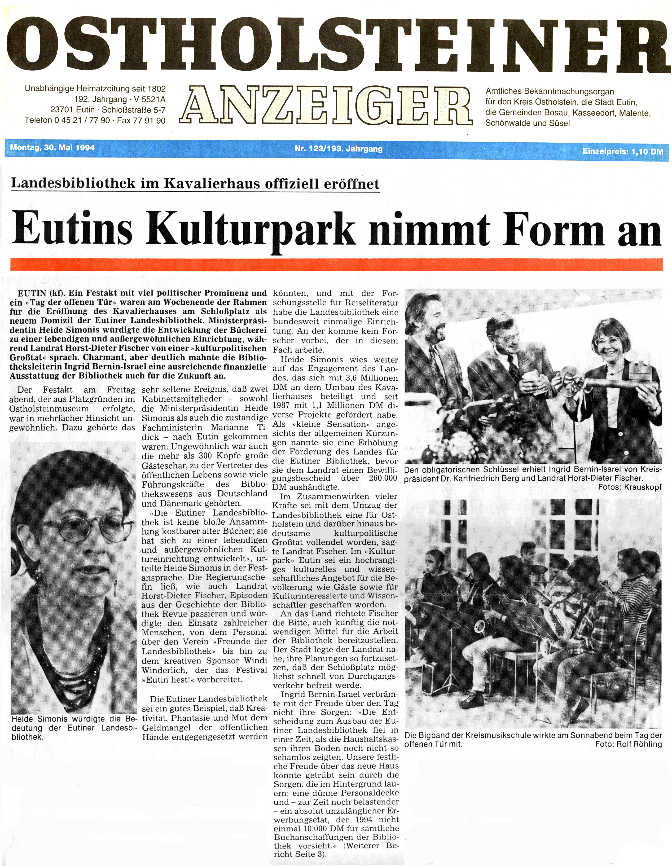 Bericht aus dem Ostholsteiner Anzeiger vom 30. Mai 1994 über die neuen Entwicklungen des Eutiner Kulturparks