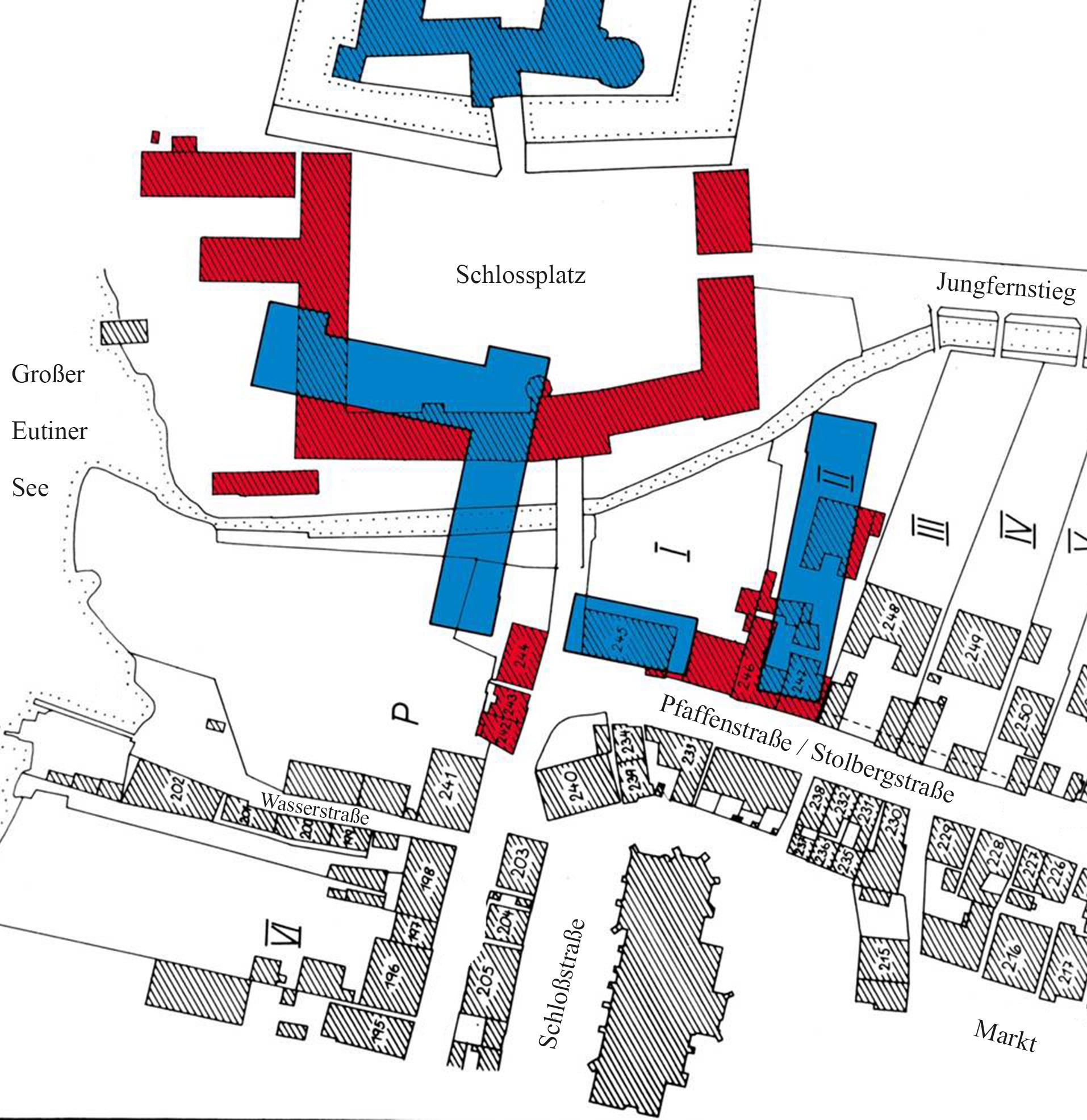 Grundriss des Eutiner Schlossplatzes. In Rot der ältere Vorhof, in blau die späteren Gebäude des neuen Schlossplatzes.