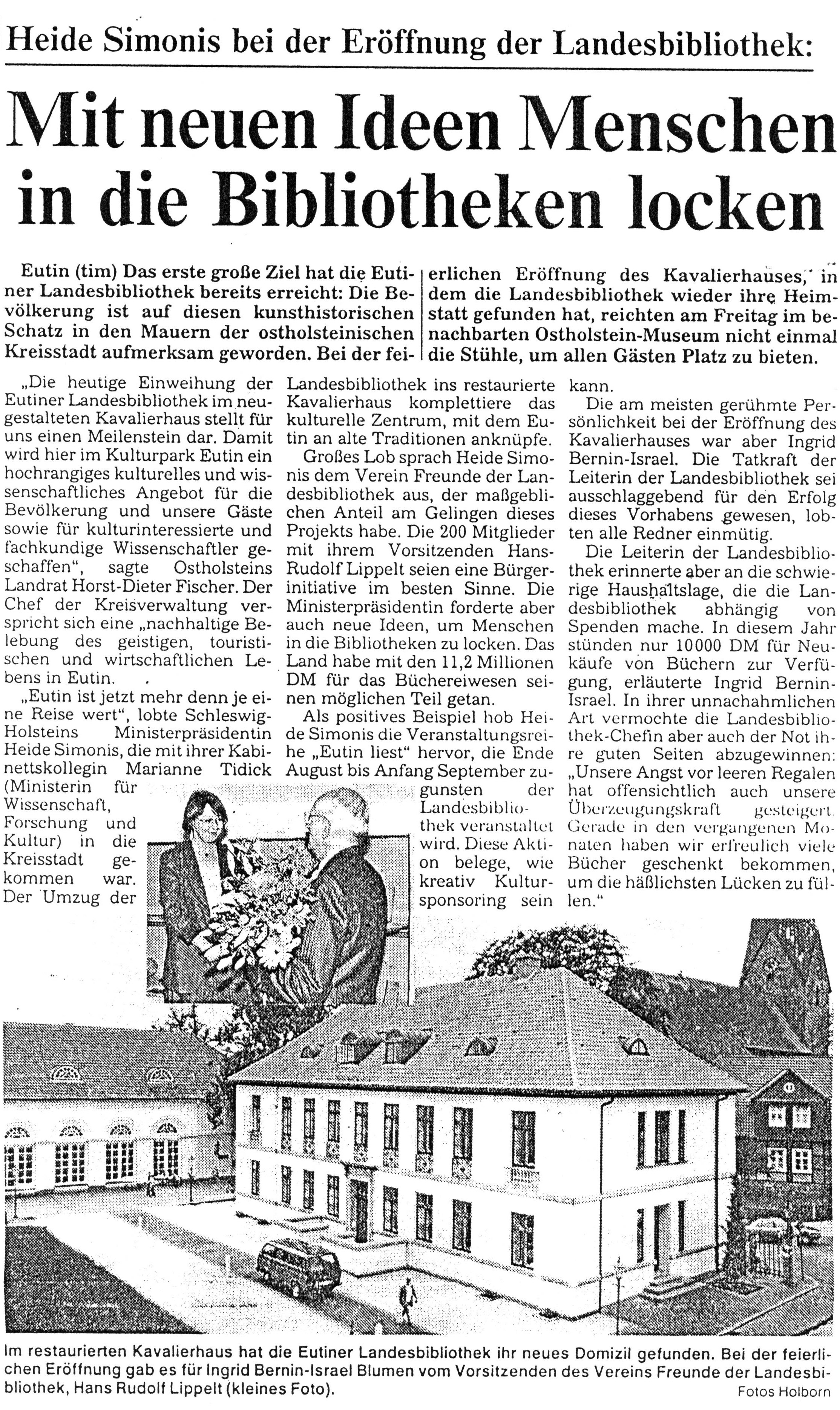 Bericht in den Kieler Nachrichten vom 31. Mai 1994 über neue Ideen und Angebote der Eutiner Landesbibliothek