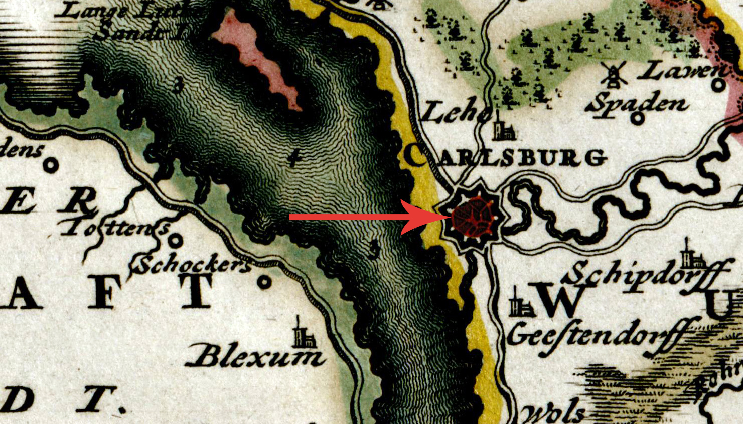 Vergrößerter Ausschnitt von Carlstadt/Carlsburg aus Visschers Karte.