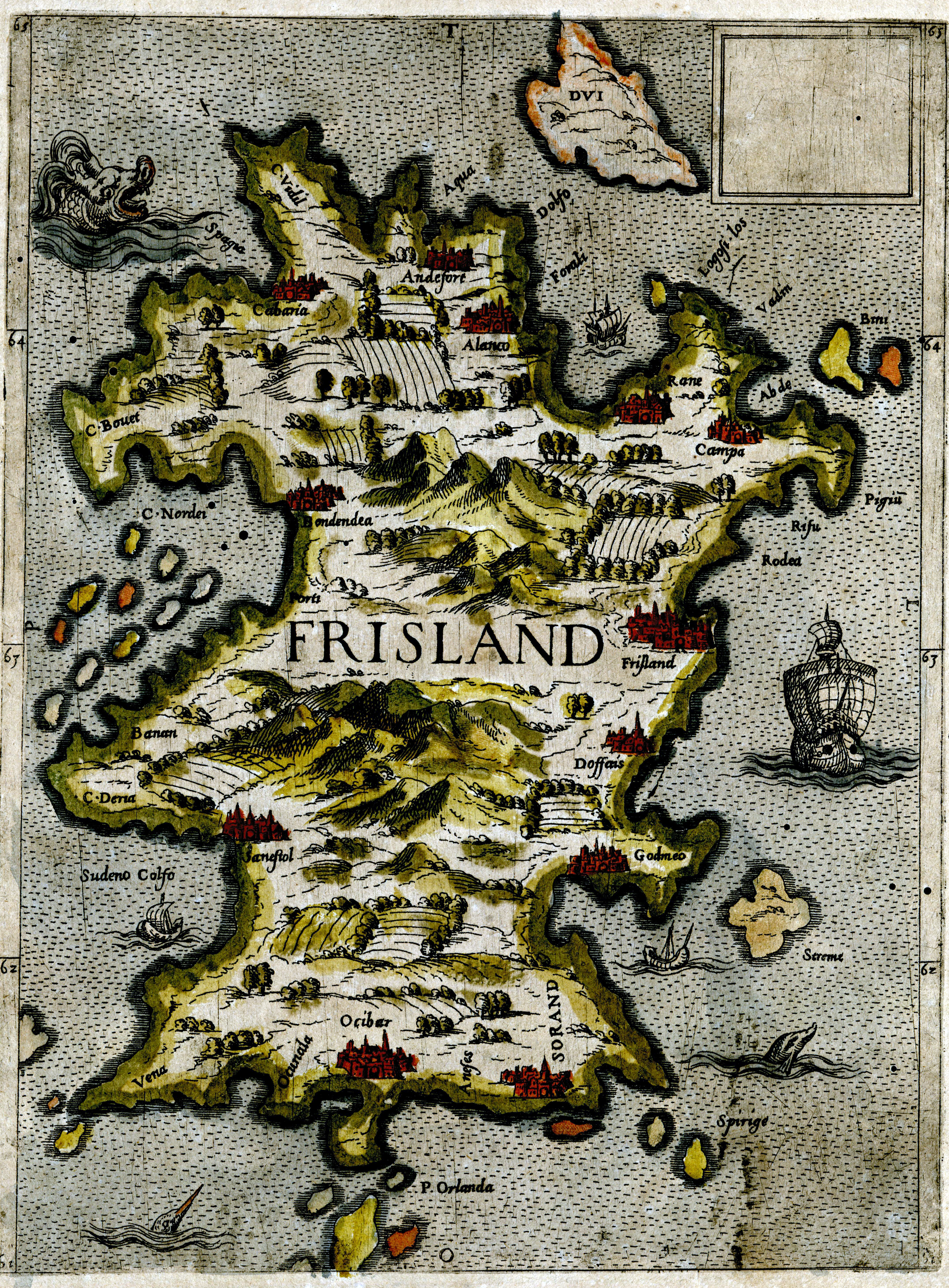 Dafür, dass die Insel nicht existiert, fallen die Darstellungen Frislands zum Teil sehr detailreich aus.
						So werden auf dem italienischen Holzschnitt des Jahres 1590 Städte und Siedlungen benannt, sowie Berge und Felder verzeichnet.
