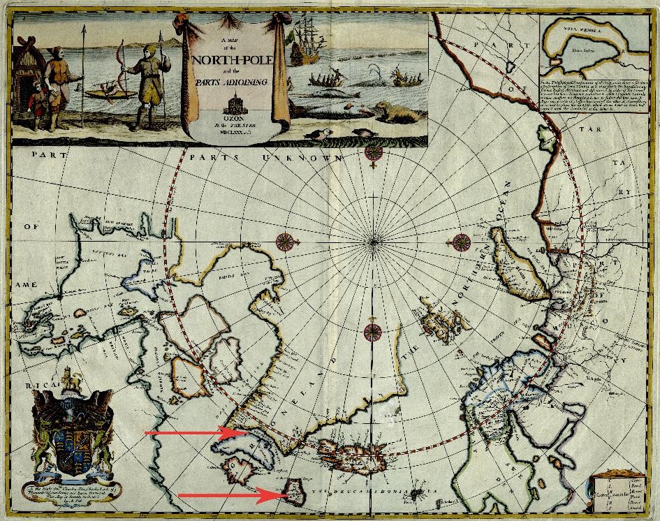Moses Pitts Karte „A Map of the North-Pole...“ von 1680 zeigt neben Frisland auch die Frobisher (hier fälschlich Forbisher) Strait. Hier teilt die Meeresstraße den unteren Teil Grönlands von der Hauptinsel ab. Tatsächlich entdeckte der englische Seefahrer Sir Martin Frobisher aber einen Meeresarm, der sich in der kanadischen Labradorsee befindet.