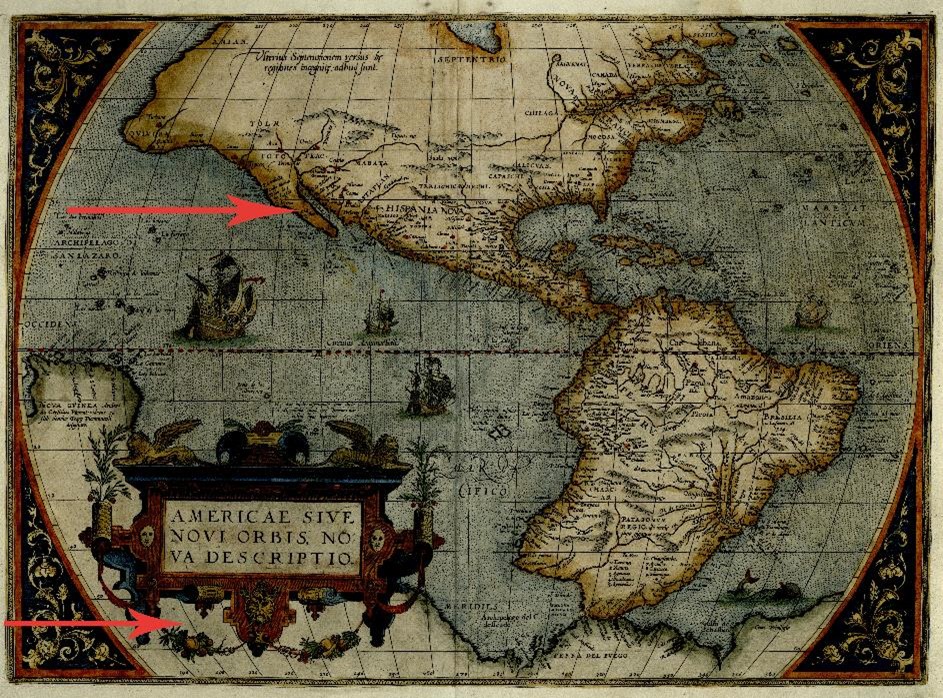Die Karte von Abraham Ortelius von 1579 zeigt Kalifornien korrekt als Halbinsel. Pure Spekulation ist allerdings der Südkontinent. 
									Man ging davon aus, dass er als Gegengewicht zu den bekannten Kontinenten notwendig sei.